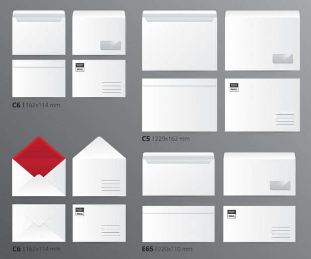 Mail Envelopes Postal Set Paper office template set of realistic mail envelopes sorted by letter size with appropriate text captions vector illustration